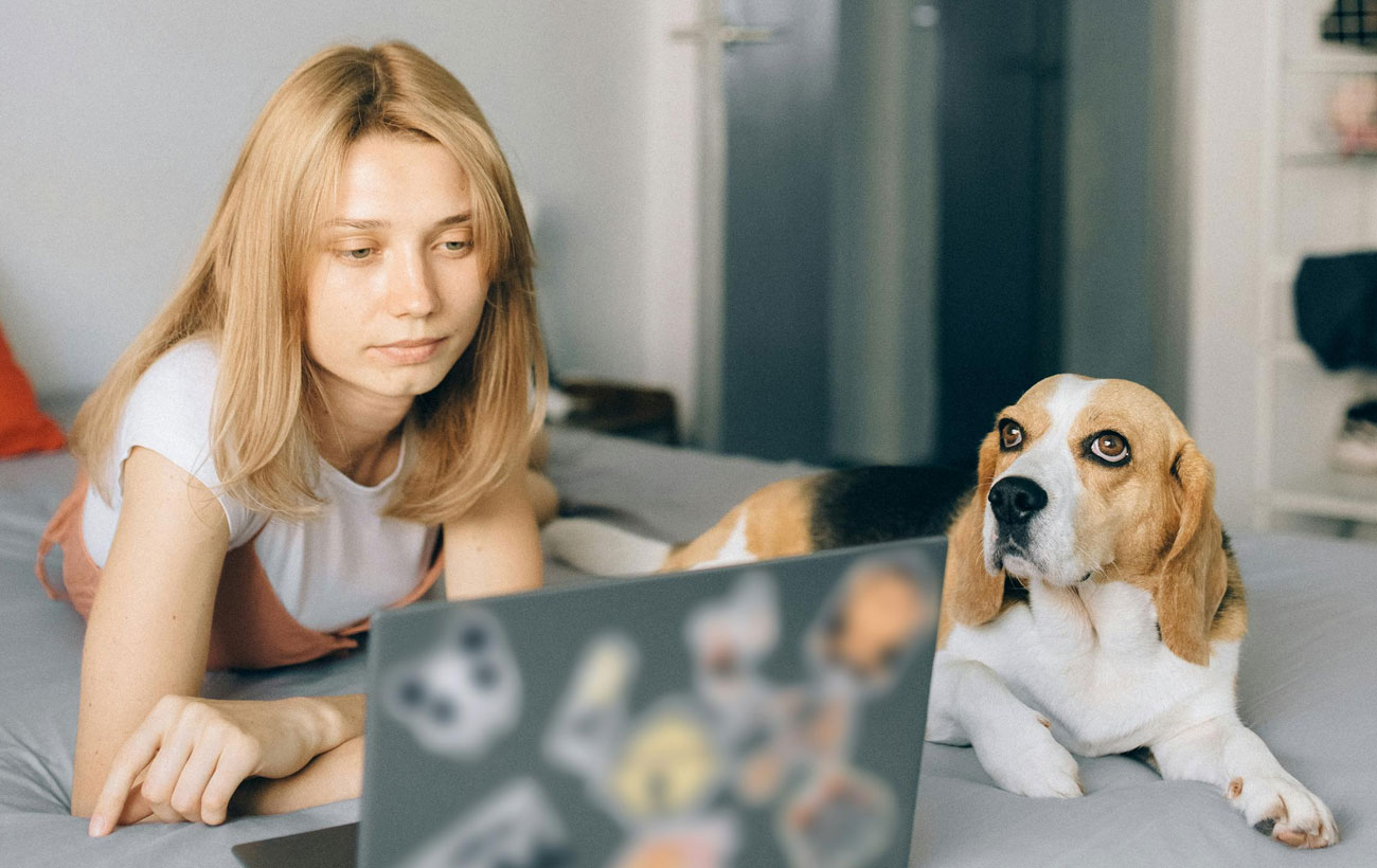 A blonde girl on her bed browsing on her computer with her dog sitting next to her.