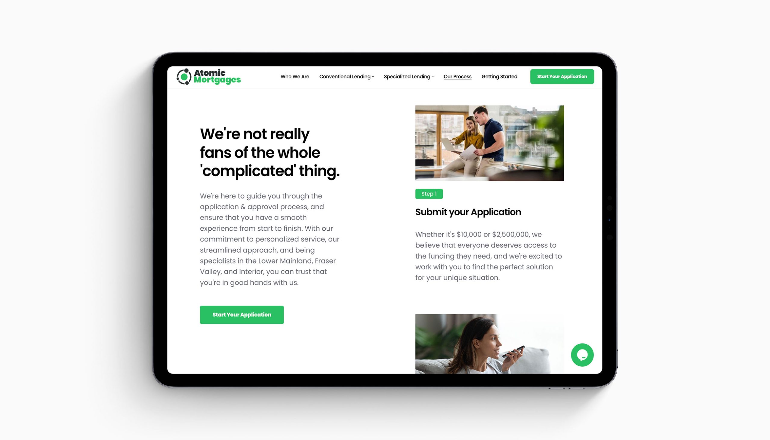 Atomic Mortgages Landing Page on iPad