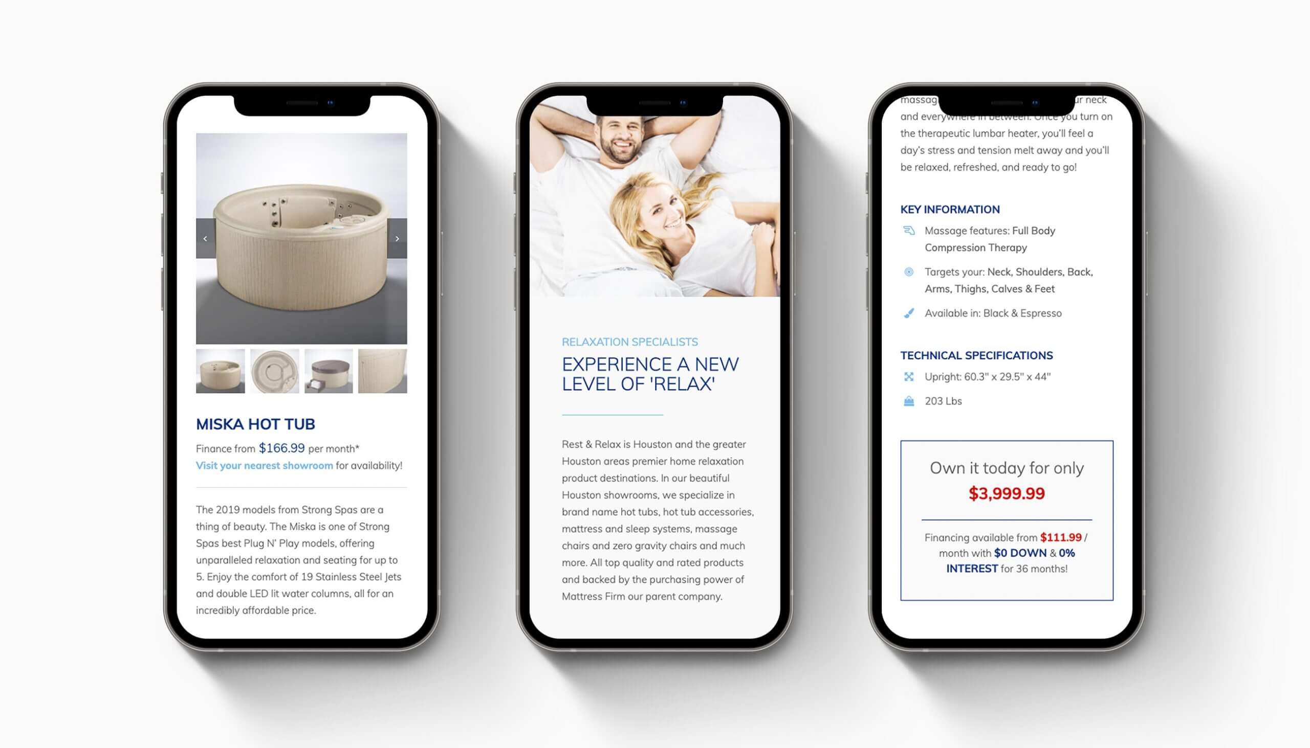 Rest & Relax by Mattress Firm Product Page on Three iPhone X's