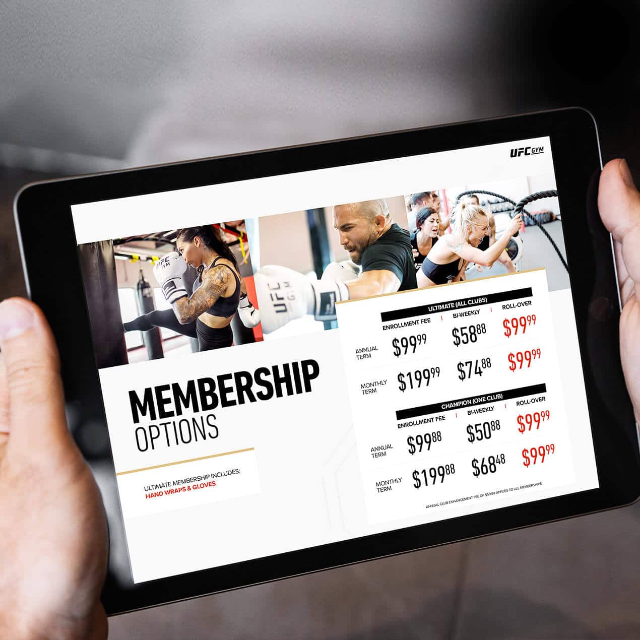 UFC Gym Membership Options Page on iPad