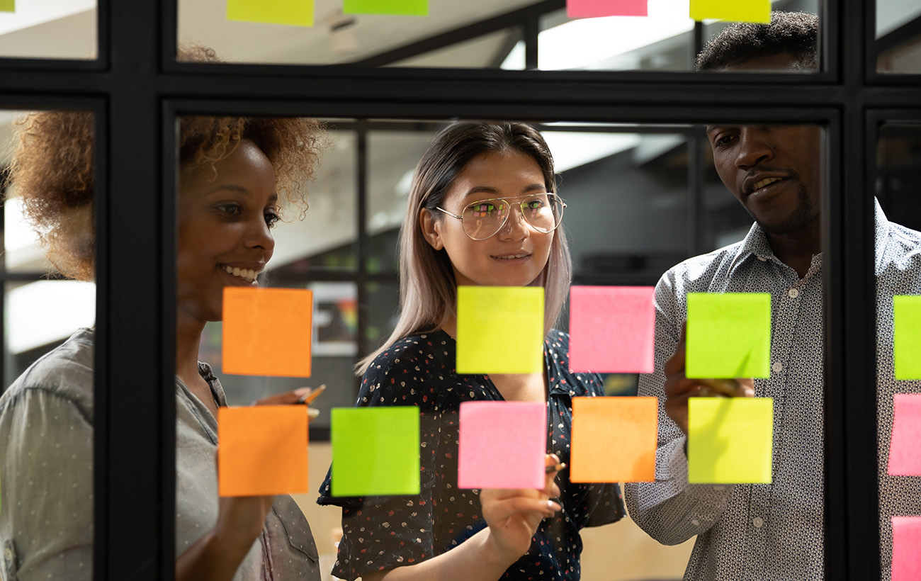 A group of employees brainstorming at work